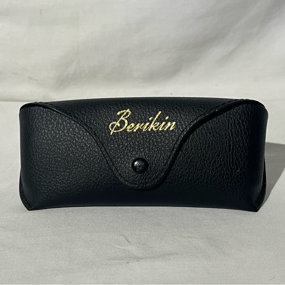 VTG Berikin Eyeglass Case Pebbled Leather Gold Script Signature Felt Interior